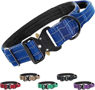 Tuff Pupper Tactical Dog Collar | Heavy Duty 1.5" Wide Ballistic Nylon | Training Control Handle | Quick-Release Metal Buckle | Reflective Bands | ID Tag Holder | Padded Inner Lining Blue, Medium