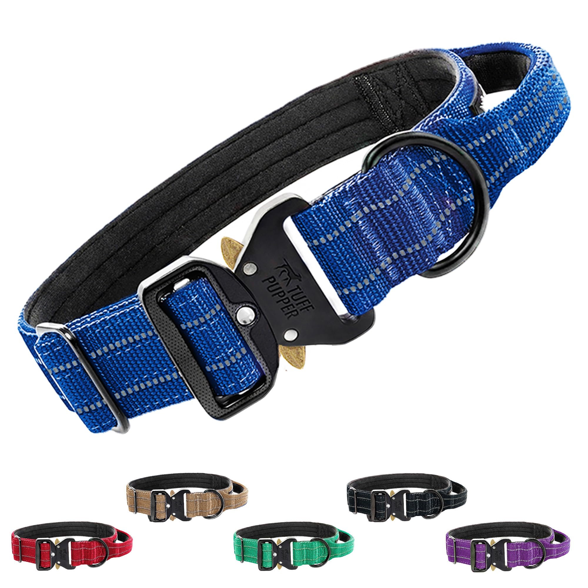 Tuff Pupper Tactical Dog Collar | Heavy Duty 1.5" Wide Ballistic Nylon | Training Control Handle | Quick-Release Metal Buckle | Reflective Bands | ID Tag Holder | Padded Inner Lining (Blue, Large)