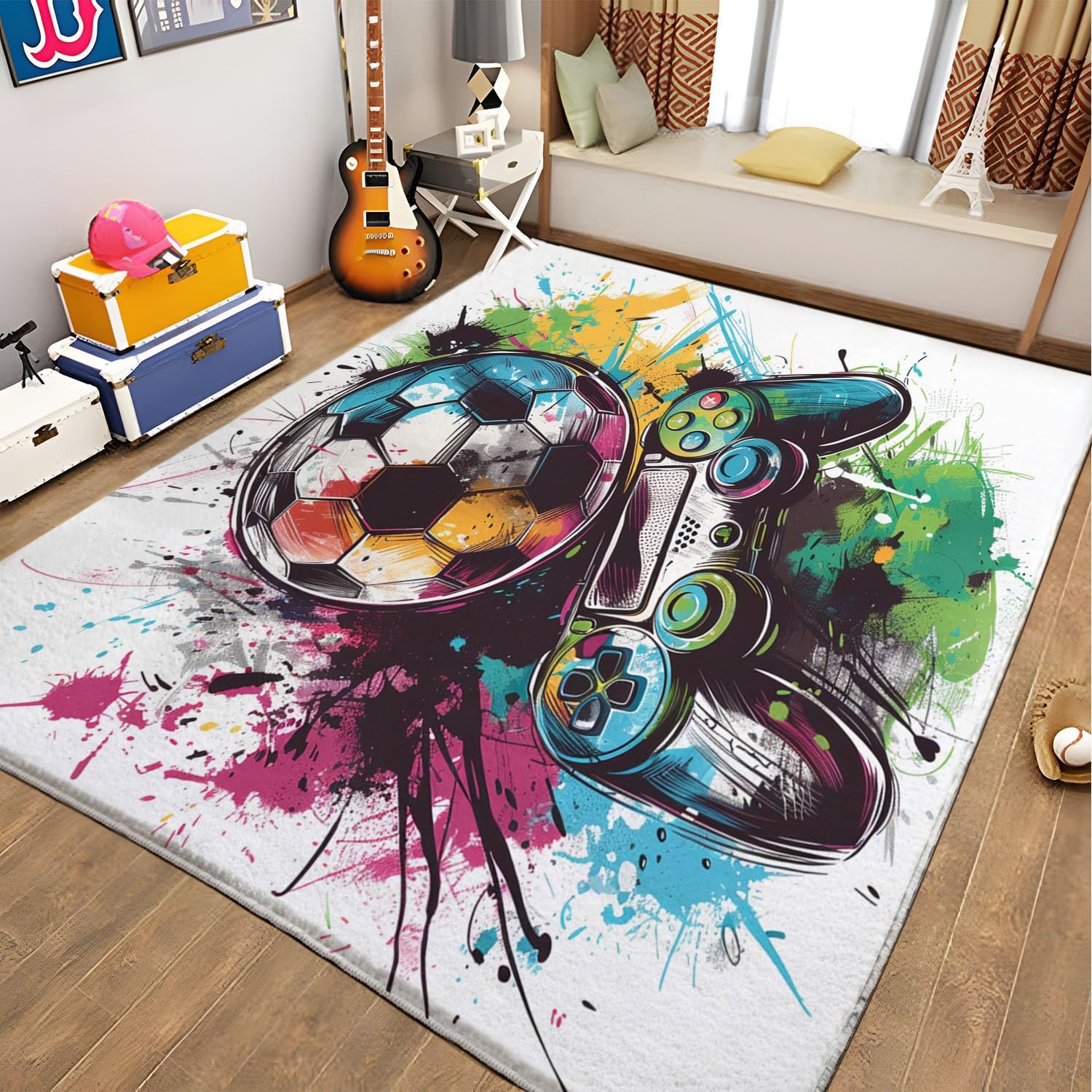 Game Controller-gebied, gamertapijt, antislip, voetmat, gamingtapijt, gameconsole, decoratie, wasbaar gamingtapijt voor jongens, slaapkamer, woonkamer, decoratie, 80 x 120 cm, E