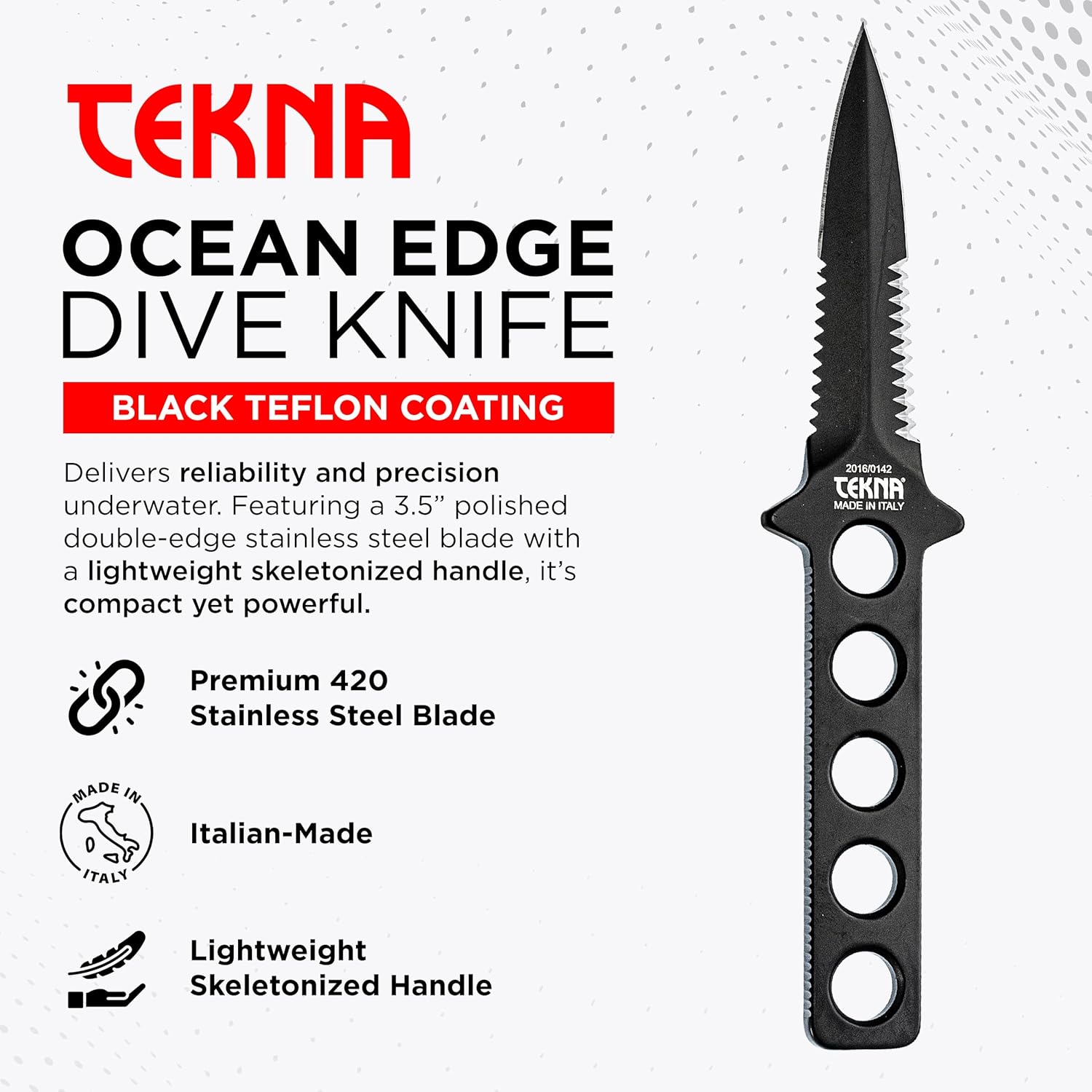 Tekna® Ocean Edge® Dive Knife – Point Tip Diving Knife for Divers – Essential Scuba Dive Gear with Quick Adjust Velcro Leg Strap – Black Blade Only