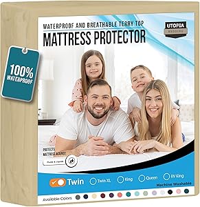 Utopia Bedding Waterproof Mattress Protector Twin Size, Premium Terry Mattress Cover 200 GSM, Breathable, Fitted Style with Stretchable Pockets (Beige)