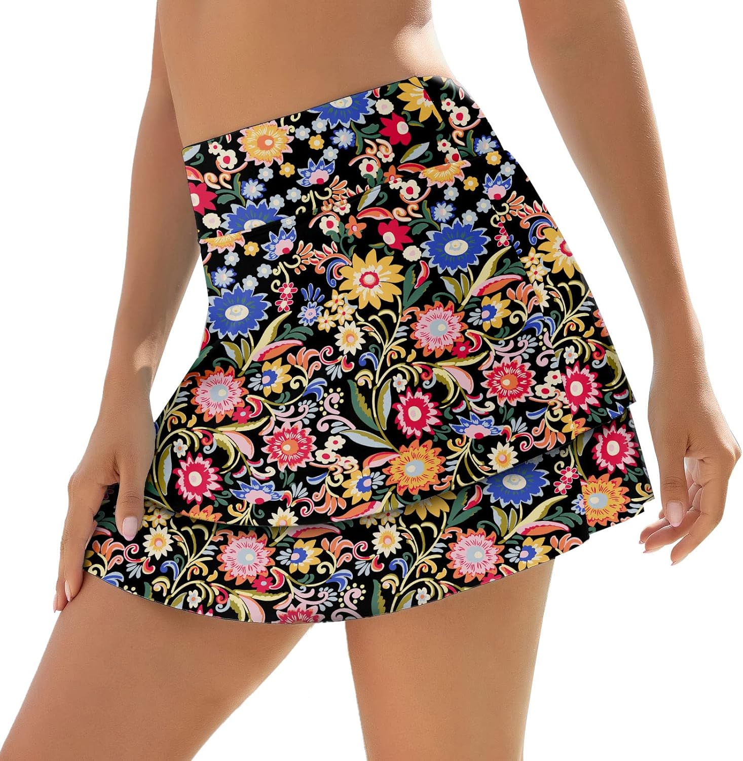 WOWENY Swim Skirt for Women 2 Layered Ruffled Flowy Floral High Waisted Swimsuit Built-in Swim Bikini Bottoms
