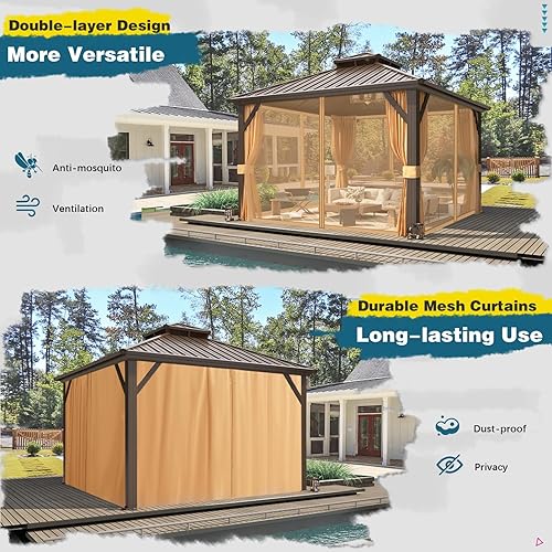 Miniatura 5 de MELLCOM Cenador de techo rígido de 12 x 12 pies, cenador de aluminio de doble techo de metal con cortina y red, pabellón de acero galvanizado