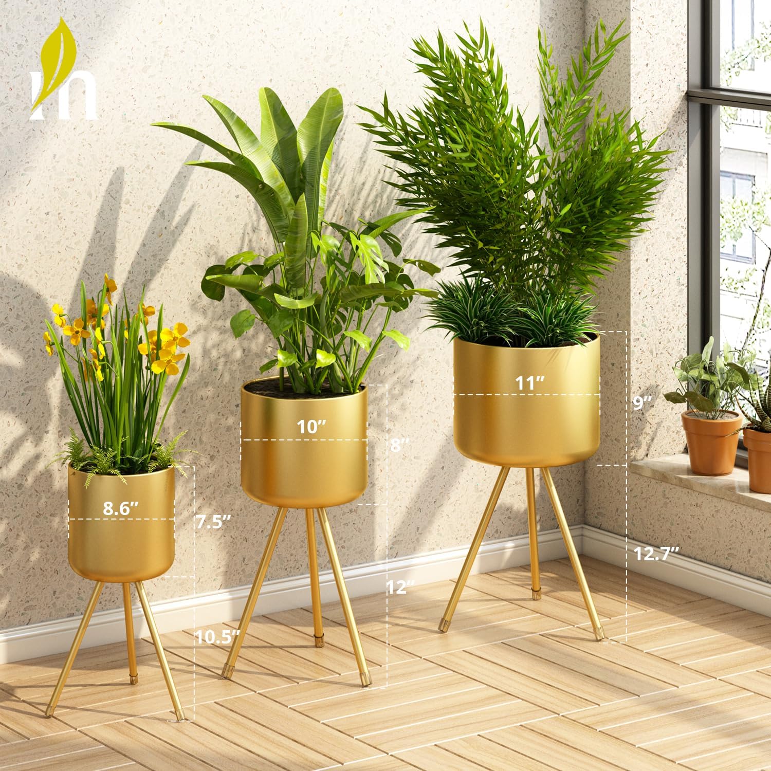 Mid-Century Metal Flowerpot with Stands, Stylish Modern Floor-Standing Flowerpot,Suitable for Orchid, Aloe Indoor Outdoor Decoration 10'' Wide 20'' high (Large, Gold)
