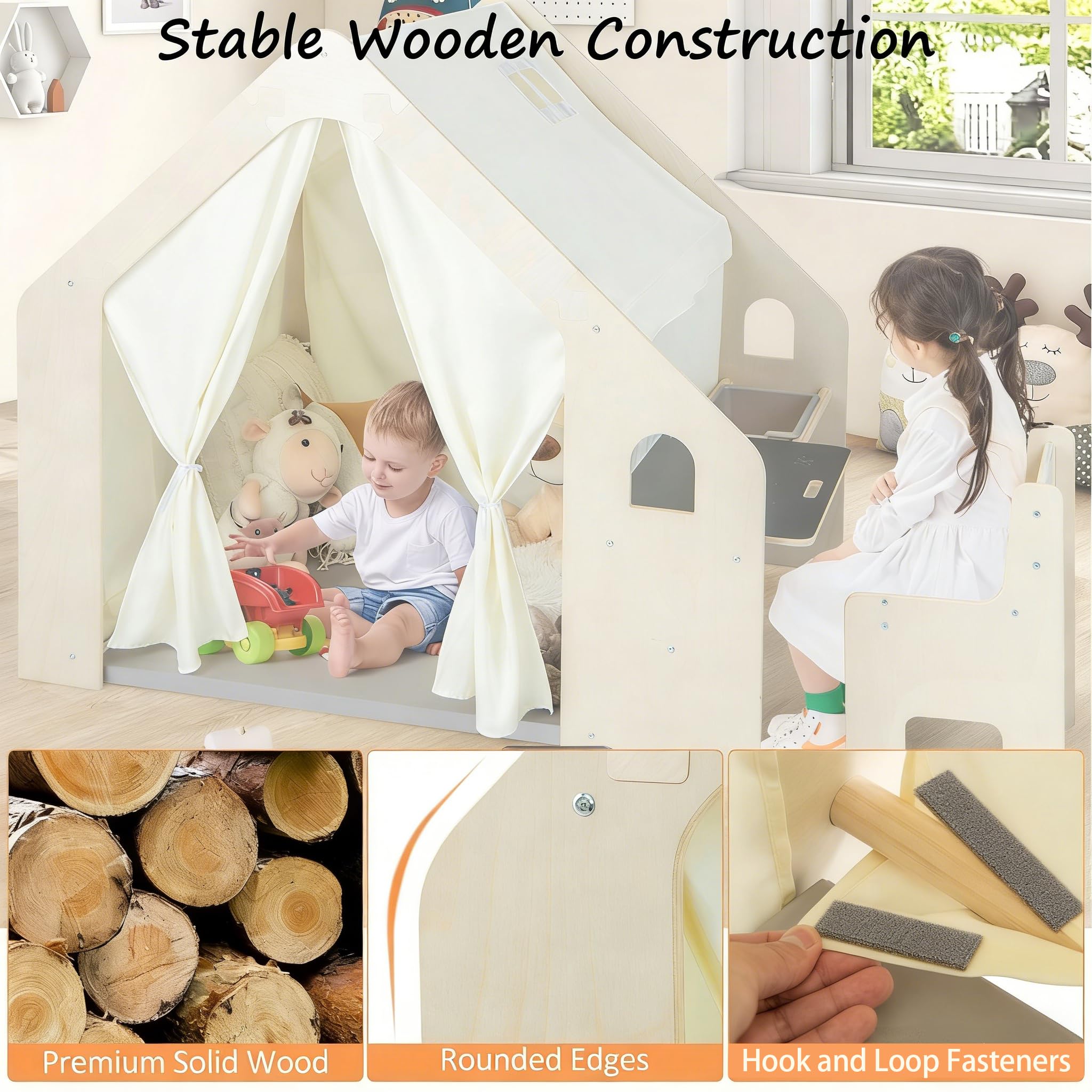 HOMASIS 6 in 1 Tenda per Bambini da Interno, Tenda Gioco con Tavolo e Sedia per Bambini, Casa da Gioco con Tappetino, Lavagna, Scatola Portagiochi (1 Scatola)