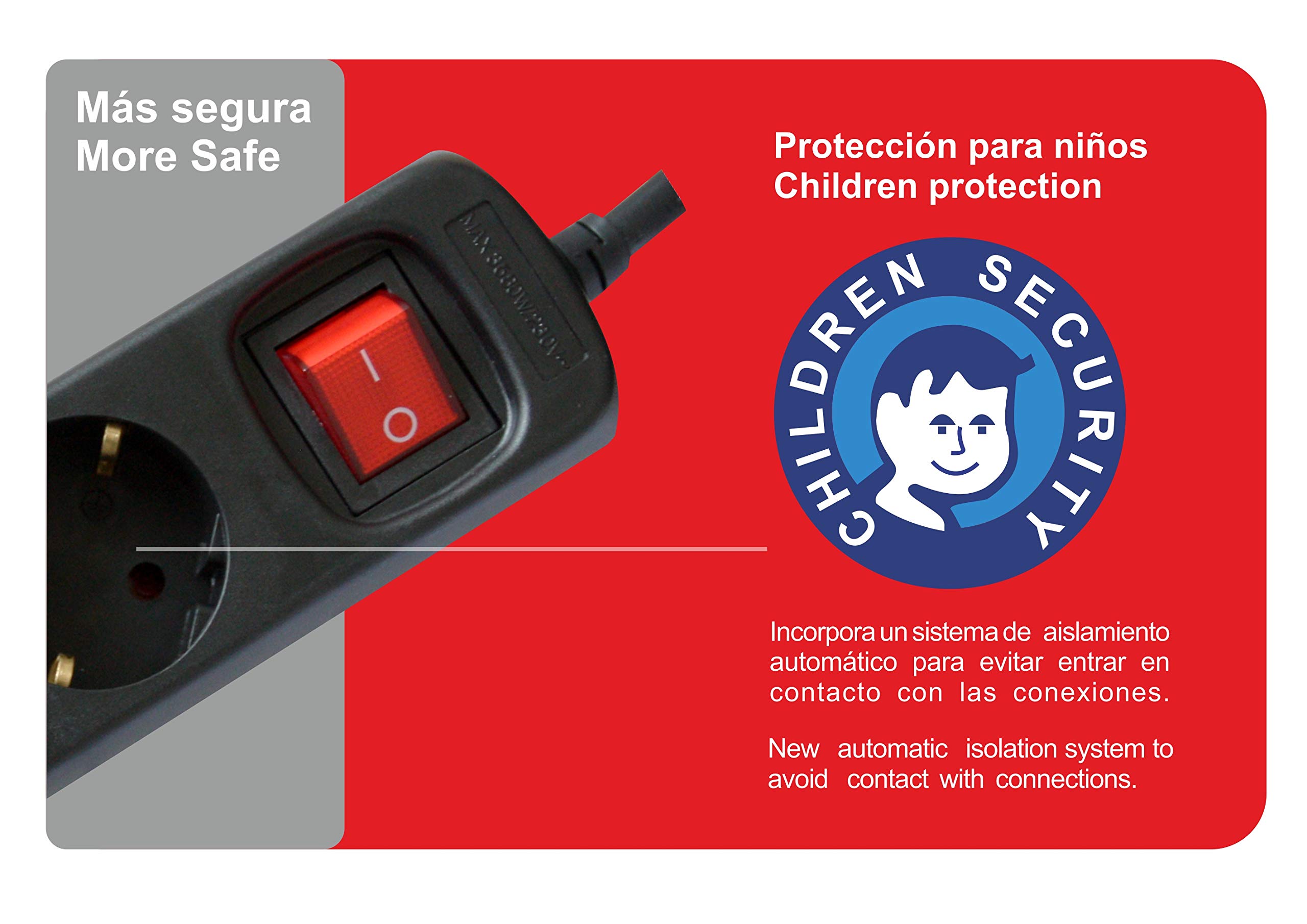 Silver Electronics - Regleta Enchufe con 3 Tomas con Interruptor, Negro, 3 Enchufes, Cable de 1,5 Metros, Protección Infantil, Toma de Tierra — view 2