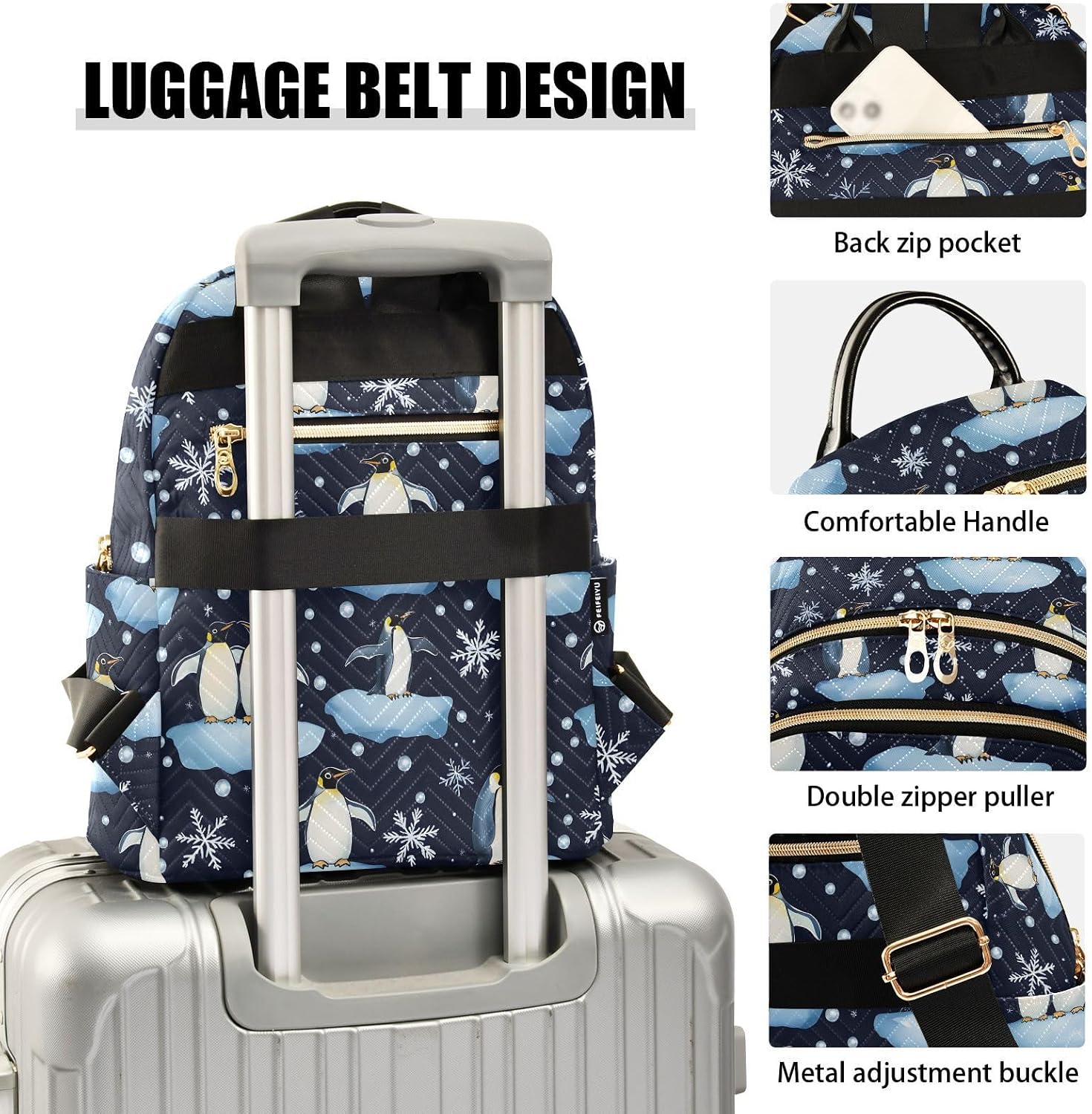 Penguin on Ice Snowflake Pattern Backpack Purse for Women Shoulder Bag Fashion Daypack Ladies Handbag Lightweight Travel Bag Rucksack