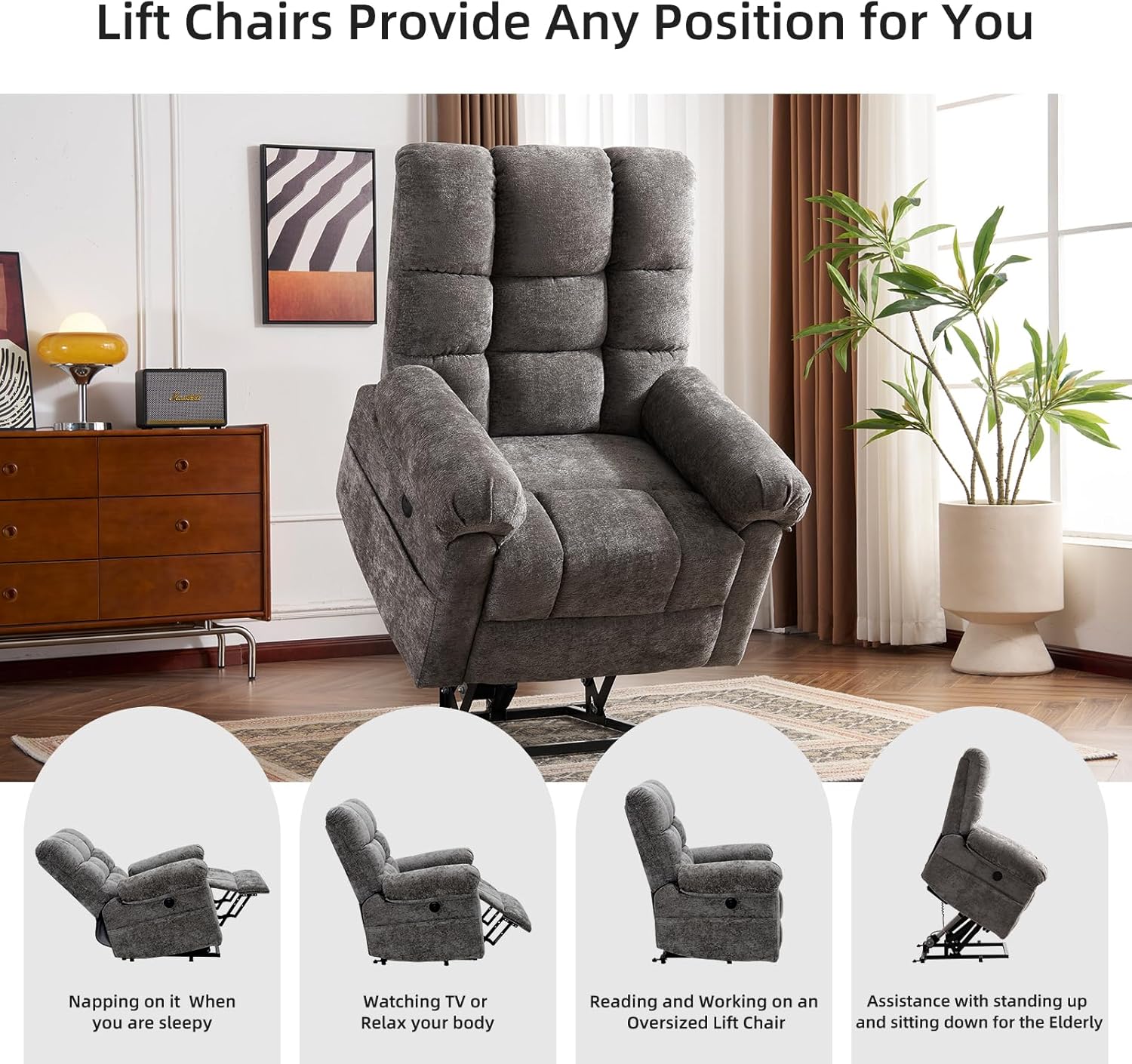 Oversized Power Lift Recliner Chair with Massage and Heat for Elderly, 26" Extra Wide Lift Chair for Big and Tall, Chenille Lift Recliner with Overstuffed Backrest, USB Port, Grey