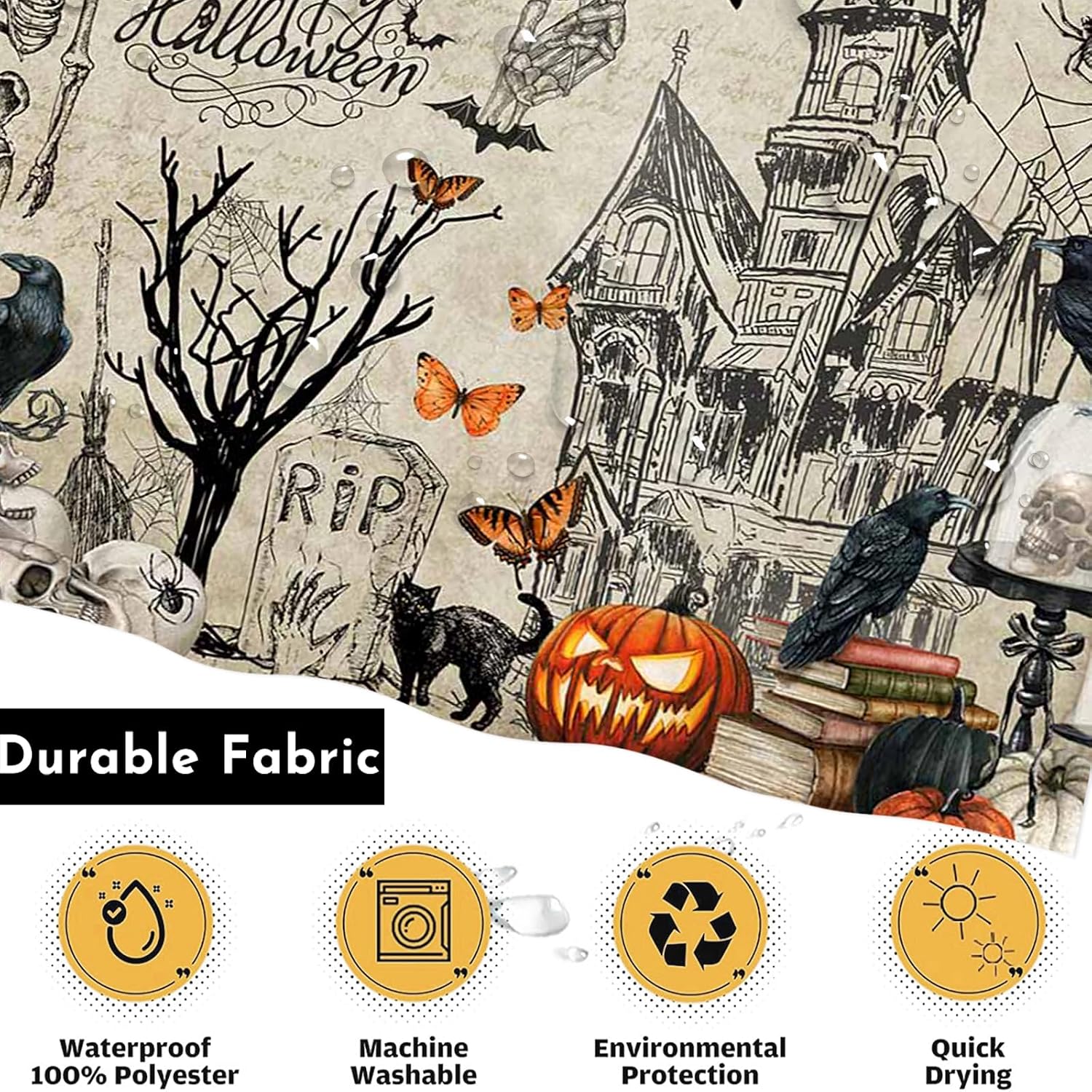 Lindameler Vintage Halloween Shower Curtain for Bathroom Retro Gothic Castle Skull Skeleton Shower Curtain Pumpkin bat Halloween Decor Bath Curtain 72 x 72 inch