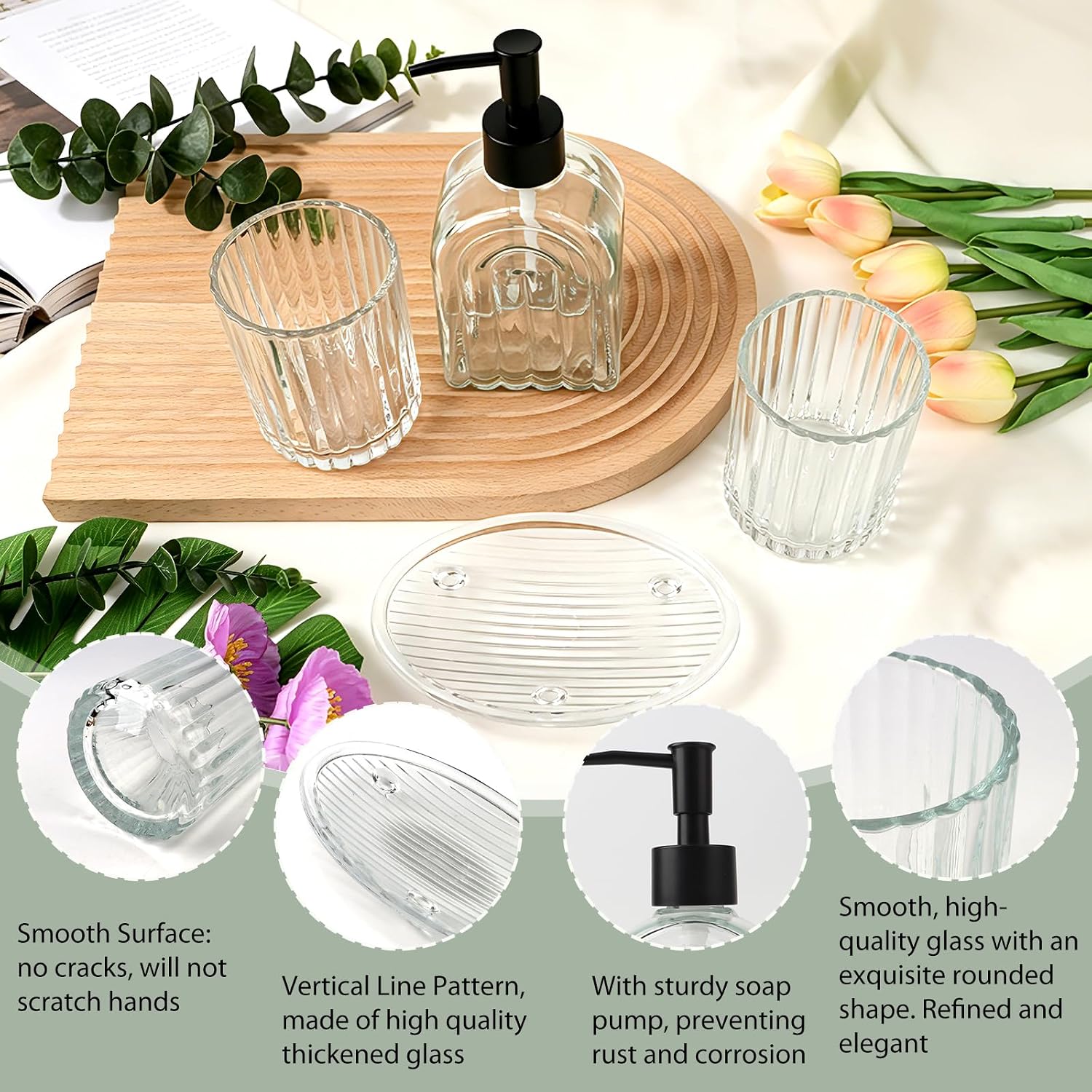 4-Piece Clear Glass Bathroom Accessories Set, Soap Dispenser, Toothbrush Holder, 2 Tumblers & Soap Dish, Bathroom Counter Organizer for Vanity, Sink & Guest Bathroom