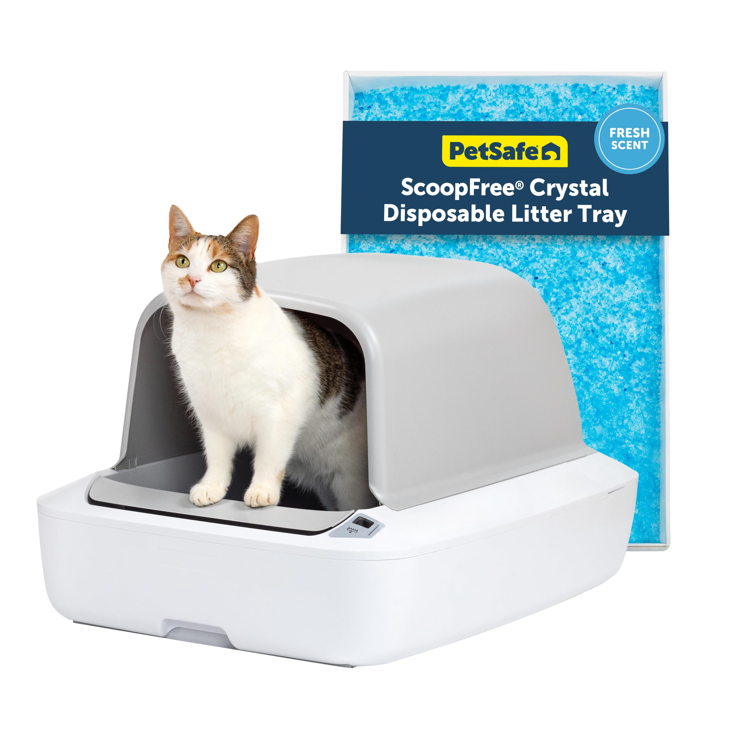 PetSafe ScoopFree Crystal Pro Self-Cleaning Cat Litter Box System – Enclosed Front-Entry – Advanced Odor Control – Includes 1 Disposable Crystal Litter Tray – White (PAL00-18017) Covered White