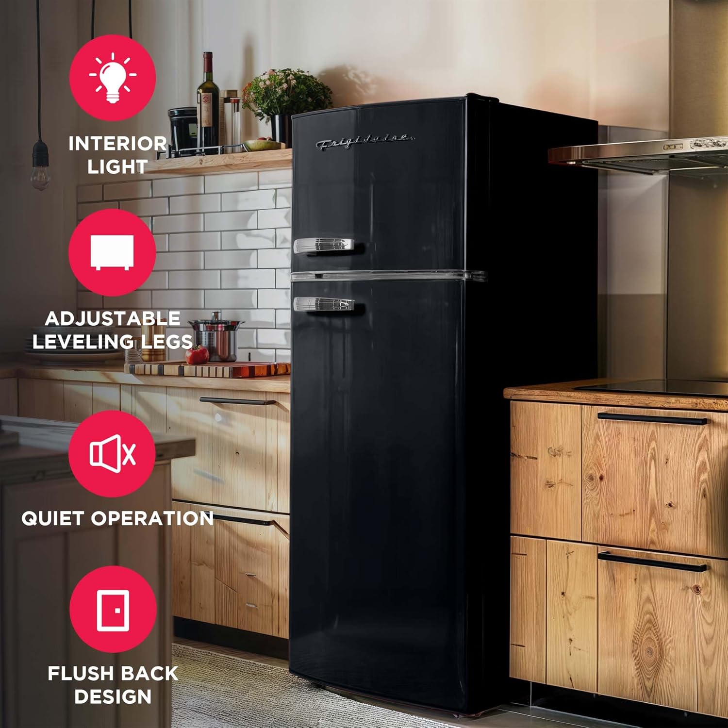 Interior view of the Frigidaire EFR753 Retro Refrigerator showing organized convenience features.