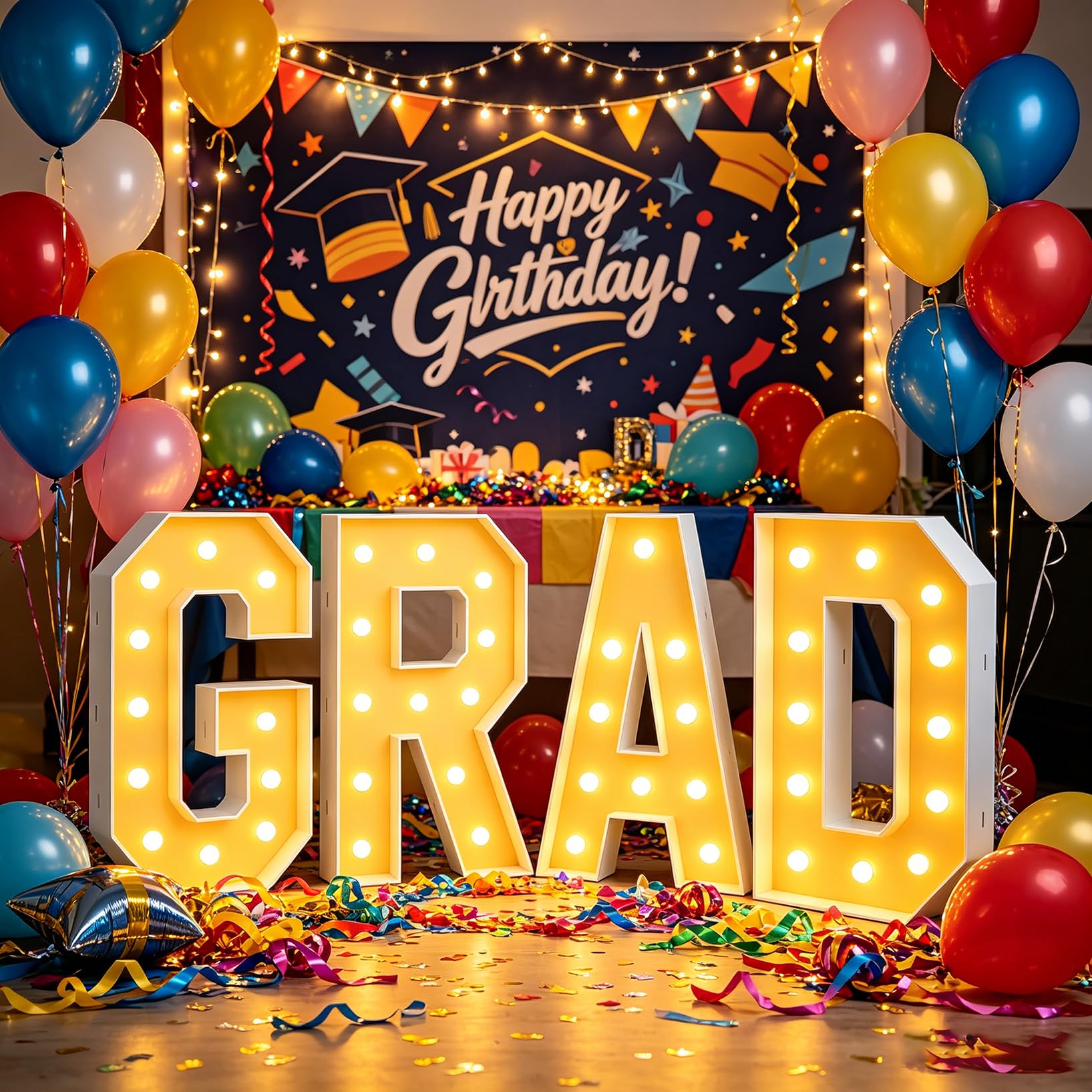 LED Light Up Marquee GRAD Letters Foam Board, Large Mosaic Balloon Frame Party Backdrop Sign Graduation Anniversary, 100cm-3.3ft