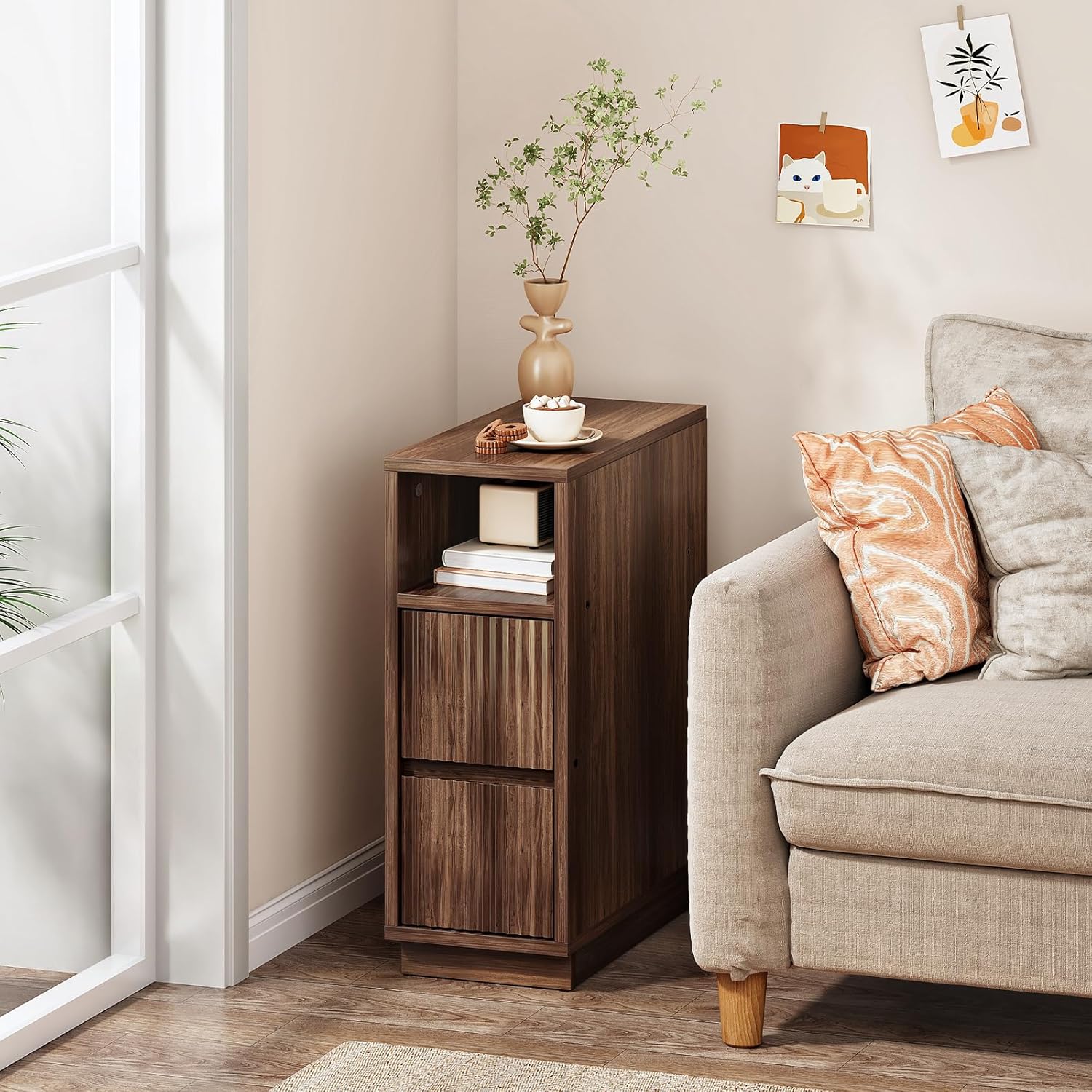 8.7" Narrow Fluted Nightstand, Small Bedside Table with Drawers, Skinny Side Table, Modern Nightstand with 1 Semi-Open Shelf, Floating End Table, for Living Room, Bedroom, Walnut MBZ12HT