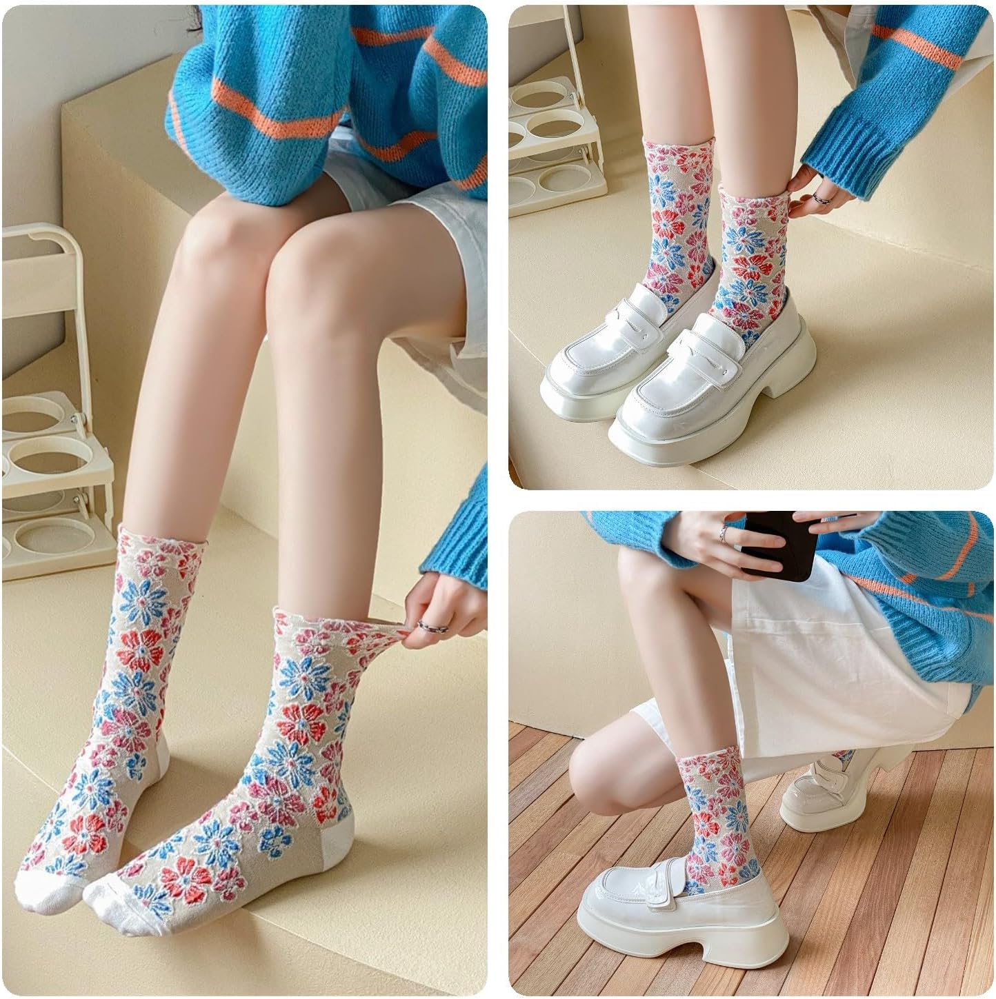 Vintage Embroidered Floral Socks for Women, Combed Cotton Crew Socks - Image 5