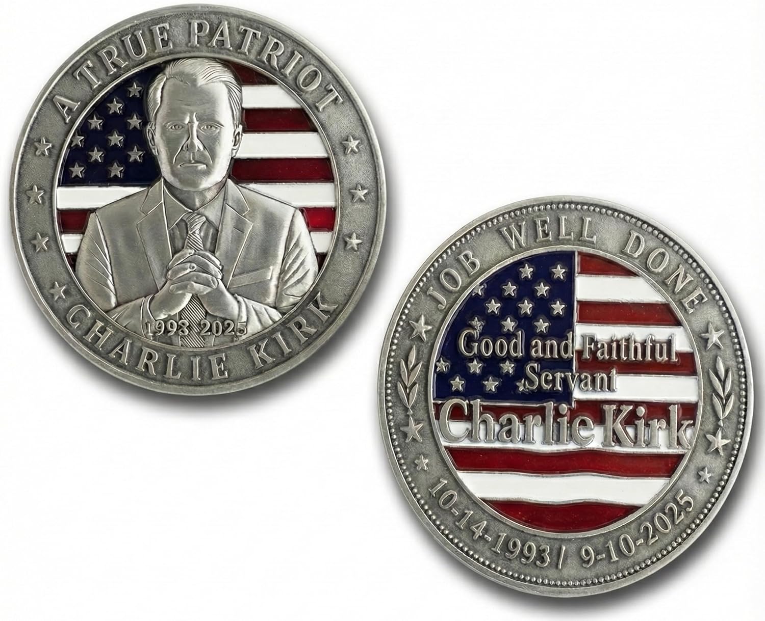 Charlie Kirk True Patriot Commemorative Challenge Coin, American Flag Design, Antique Silver, 2.25 Inch Round, Double-Sided Memorial Collectible