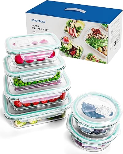 Juego de 6 recipientes de vidrio de borosilicato para almacenamiento de alimentos con tapas herméticas, aptos para horno, microondas y congelador, a