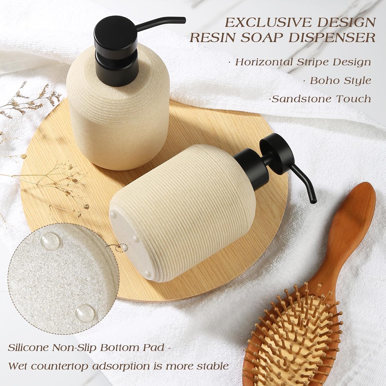 Hand Soap Dispenser, Beige Soap Dispenser for Bathroom 2 Pack, 12 Fl Oz Resin Soap and Lotion Dispensers Set with Plastic Pump, Boho Refillable Liquid Dish Soap Dispensers Bottle - Image 7