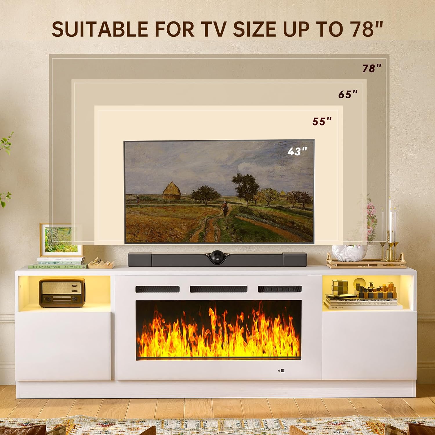 Illustration showing various TV sizes (43, 55, 65, 78 inches) fitting on the TV stand