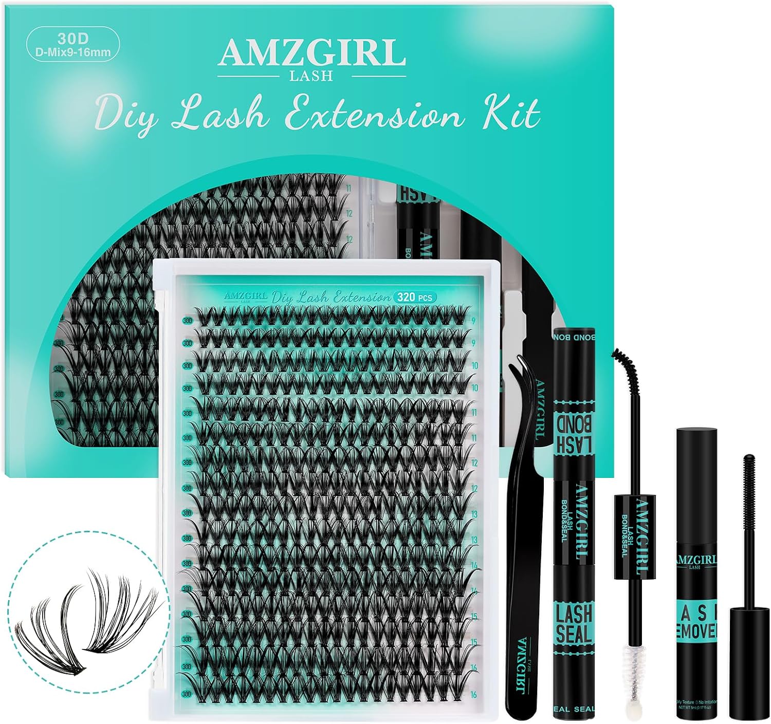Lash Extension Kit 320Pcs,DIY Individual Lashes Clusters Kit,Lash Bond And Seal,Lash Remover For Eyelashes Extensions,Lash Applicator Tool For False Eyelash Cluster Kit At Home(30D,D-Mix9-16mm Kit)