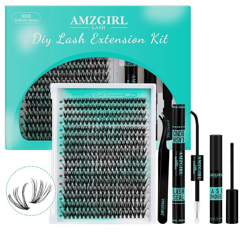 Kit de cílios em tufos AMZGIRL LASH 320 unidades, 30D, curvatura D, efeito wispy, comprimentos mistos de 9 a 16 cm