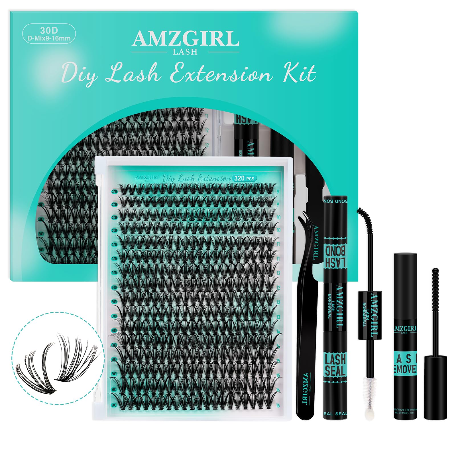 Kit per l'estensione delle ciglia, 320pezzi, kit fai da te per i singoli gruppi di ciglia, legatura e sigillatura delle ciglia, rimozione delle ciglia per le estensioni delle ciglia(30D, kit 9-16 mm)