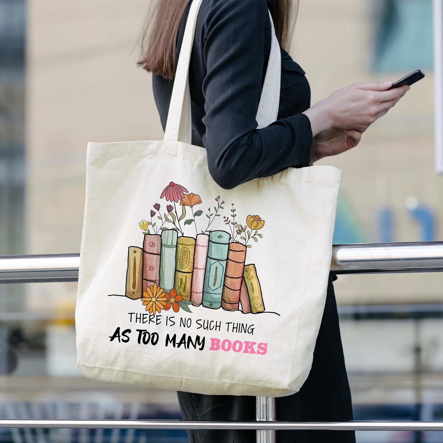 Canvas Book Tote Bag Aesthetic, Reusable Grocery Shopping Bags, Book Lovers Birthday Gifts Library Book Bag Gifts for Readers, Librarian Gifts (A10), Medium - Image 5