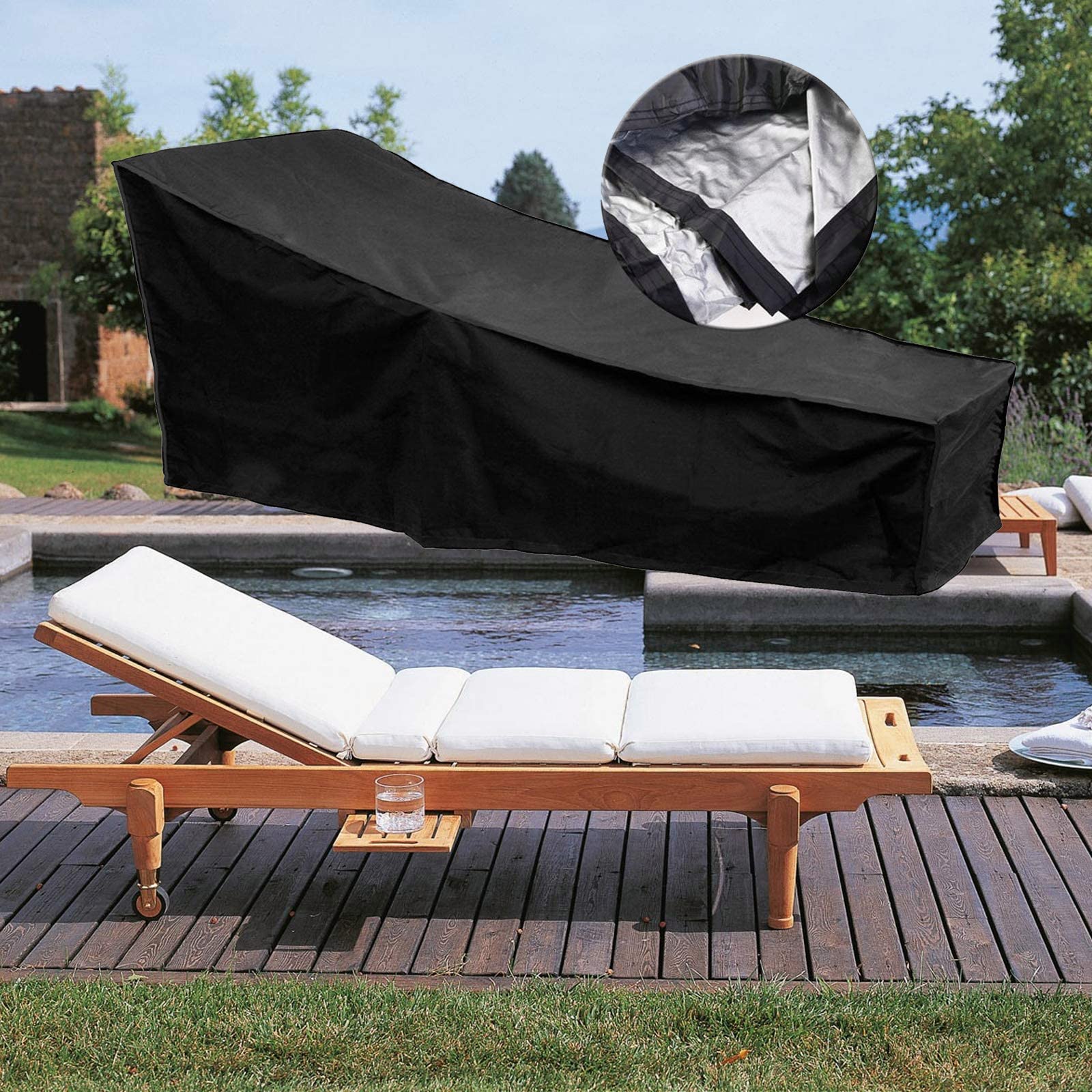 Housse Protection Chaise Longue Jardin 420D Imperméable Coupe-Vent - 220x80x45/70cm Noir Avec Cordon