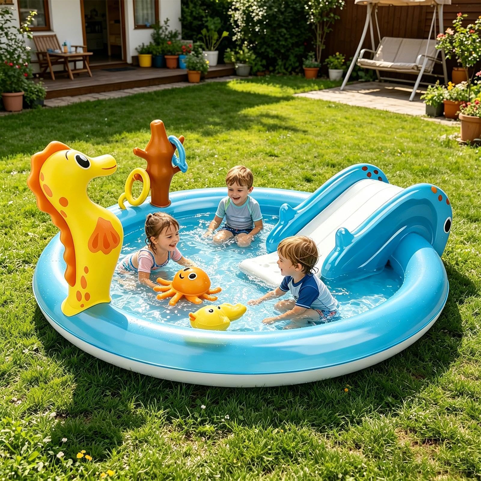 Piscine Enfant avec Toboggan Jouet Gonflable Thème Été