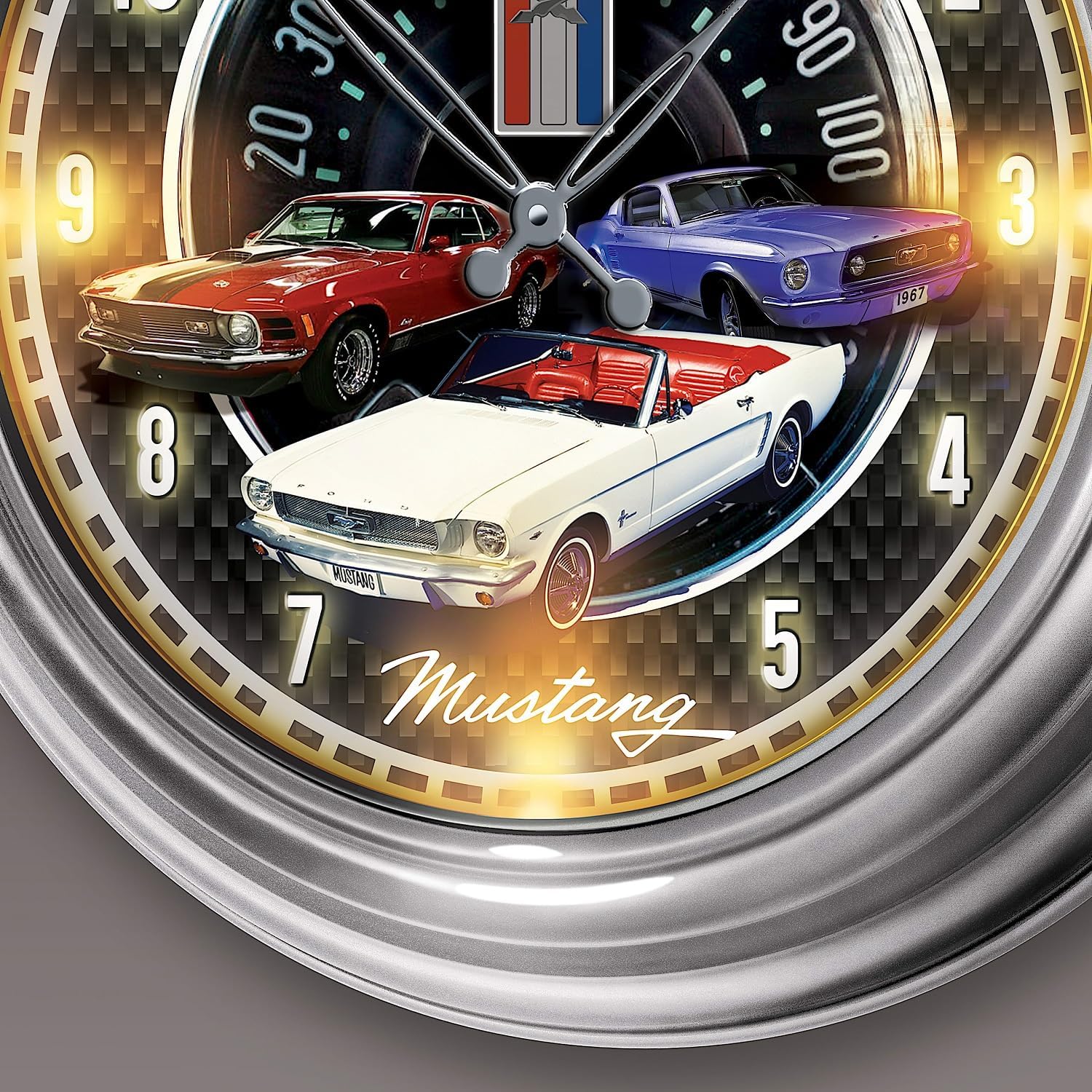 The Bradford Exchange Ford Mustang Atomic Wall Clock Featuring A 14-Inch Diameter Chromed Housing with Retro Inspired Speedometer Imagery