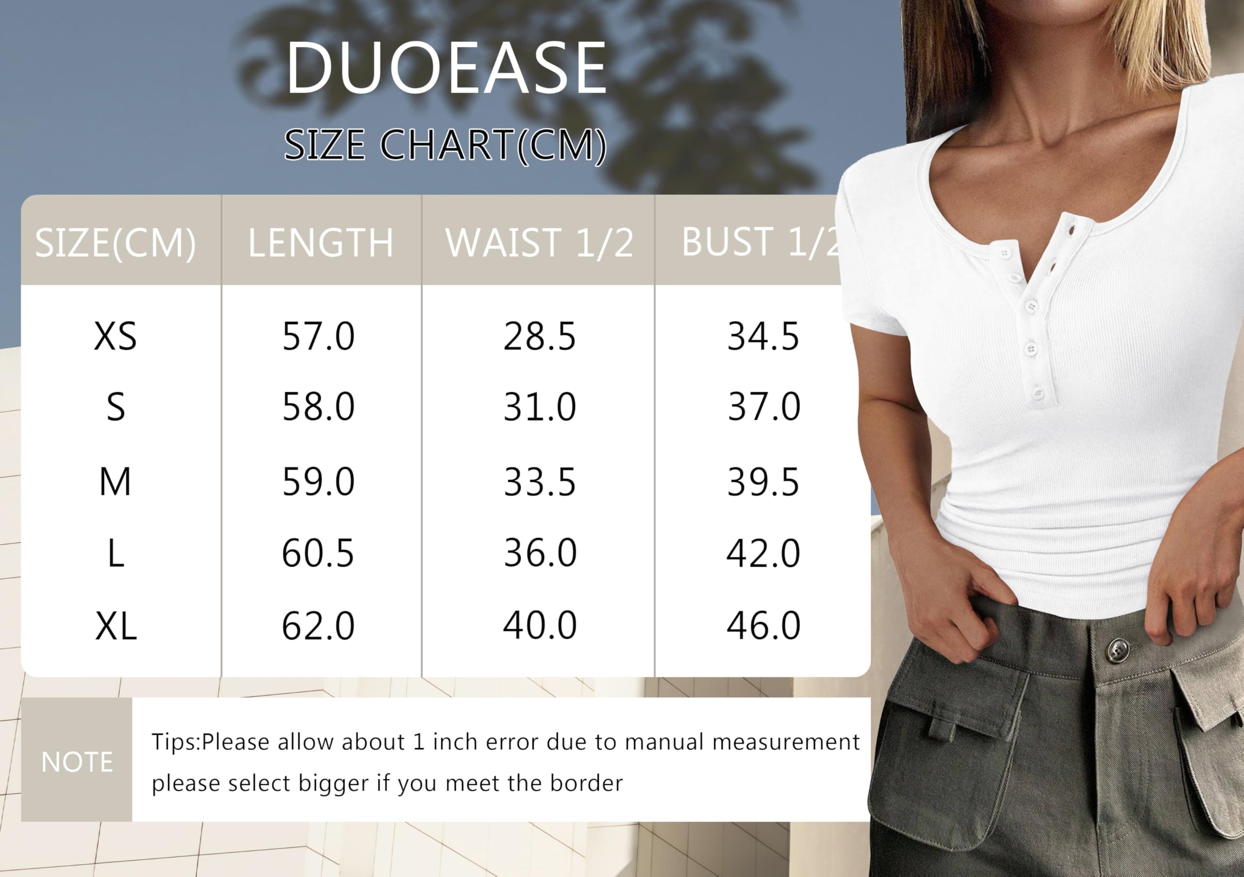 DUOEASE Damskie t-shirty z krótkim rękawem i okrągłym dekoltem i guzikami damskie prążkowane wąski krój