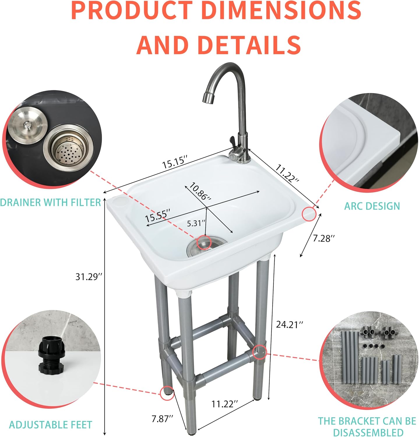 Freestanding Single Bowl Utility Sink, Kitchen Wall-Mounted Sink 15.1 x 11.2 Inch With 1.26 inch faucet hole, Plastic Sinks for Home, Restaurant, Dorm, Garage, Bathroom,Laundry (white)