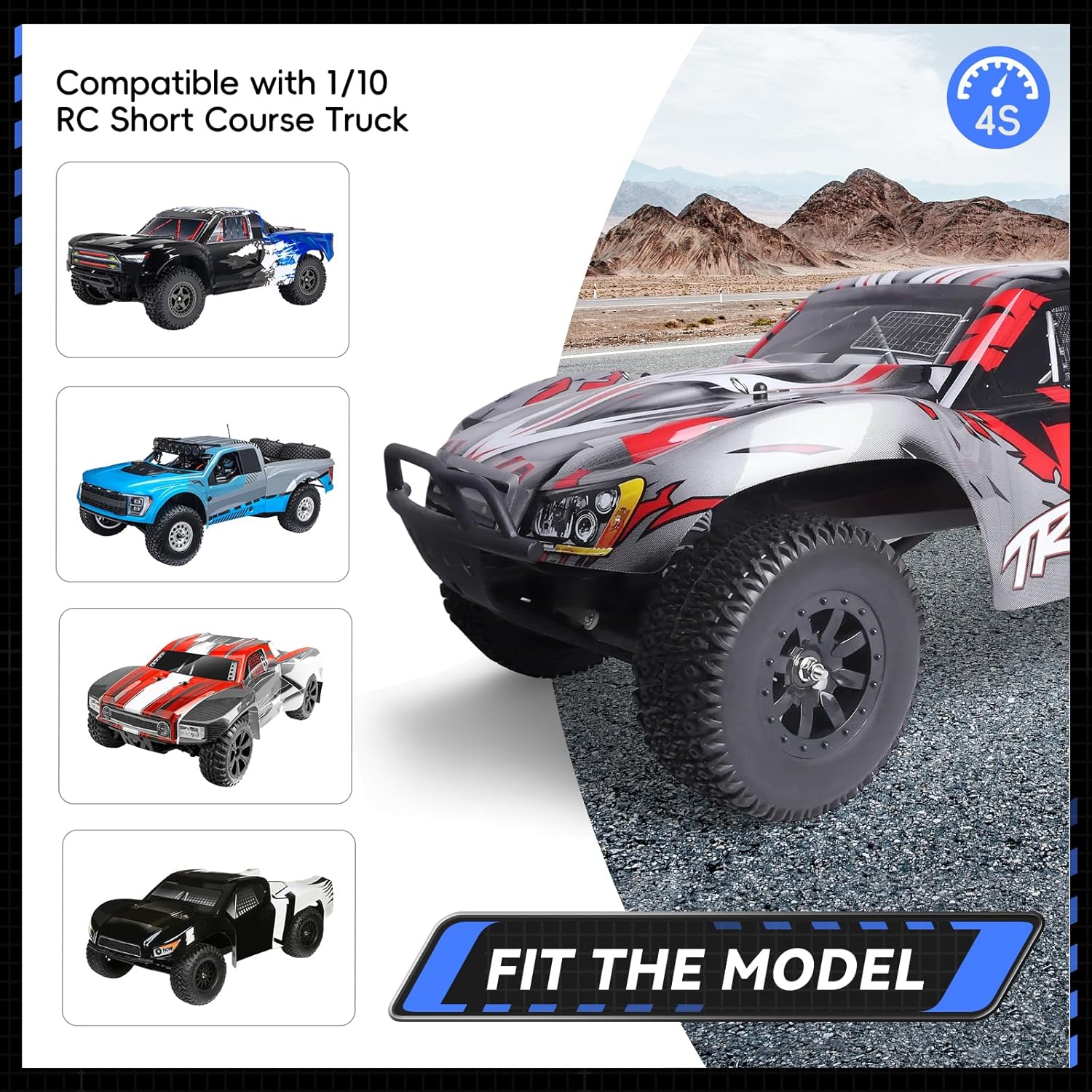 RC Short Course Truck Tires 1/10 Scale, High-Performance Pre-glued RC Wheel Rim and Tires Set 12mm Hex with Foam Inserts for Traxxas Slash 4X4 2WD HPI VKAR Redcat HSP LRP 4PCS (Style B)