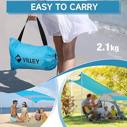 Miniatura 6 de Villey Tienda de campaña de playa con protección UPF50+, parasol portátil de 8 x 7 pies con 2 postes de estabilidad, 8 clavijas de tierra, 4 sacos