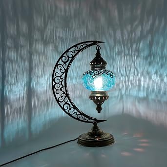 Turkish Moon Table Lamp with Cracked Glass Pattern | Exquisite Cracked Pattern Glass | Unique Moroccan Vintage Decorative Lamp | Illuminate Your Home with Elegance Turquoise