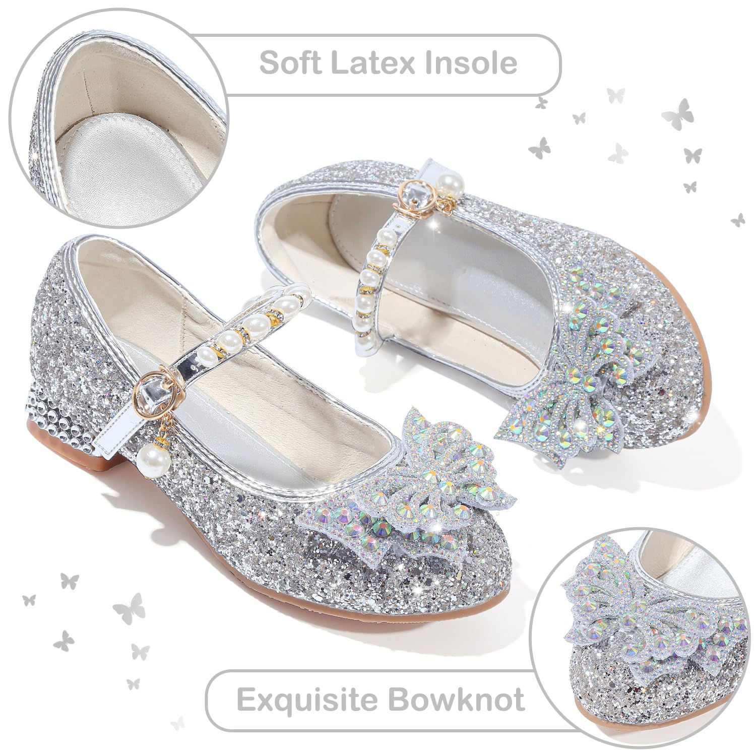 Mädchen Mary Jane Prinzessin Schuhe Ballerinas mit Absatz Glitzer Schuhe Abendschuhe Kinder Cosplay Schuhe Partys Hochzeiten Schulschuhe Silber EU33