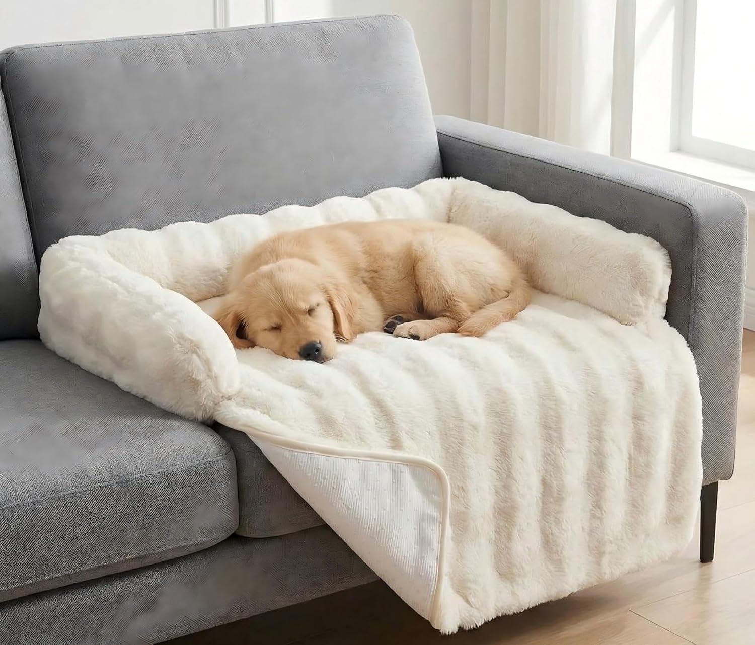 Calming Dog Bed for Couch, 29.5 x 29.5 inch Removable Couch Cover for Dogs Washable, Non-Slip Fluffy Plush Dog Sofa Mat for Furniture Protector (White)