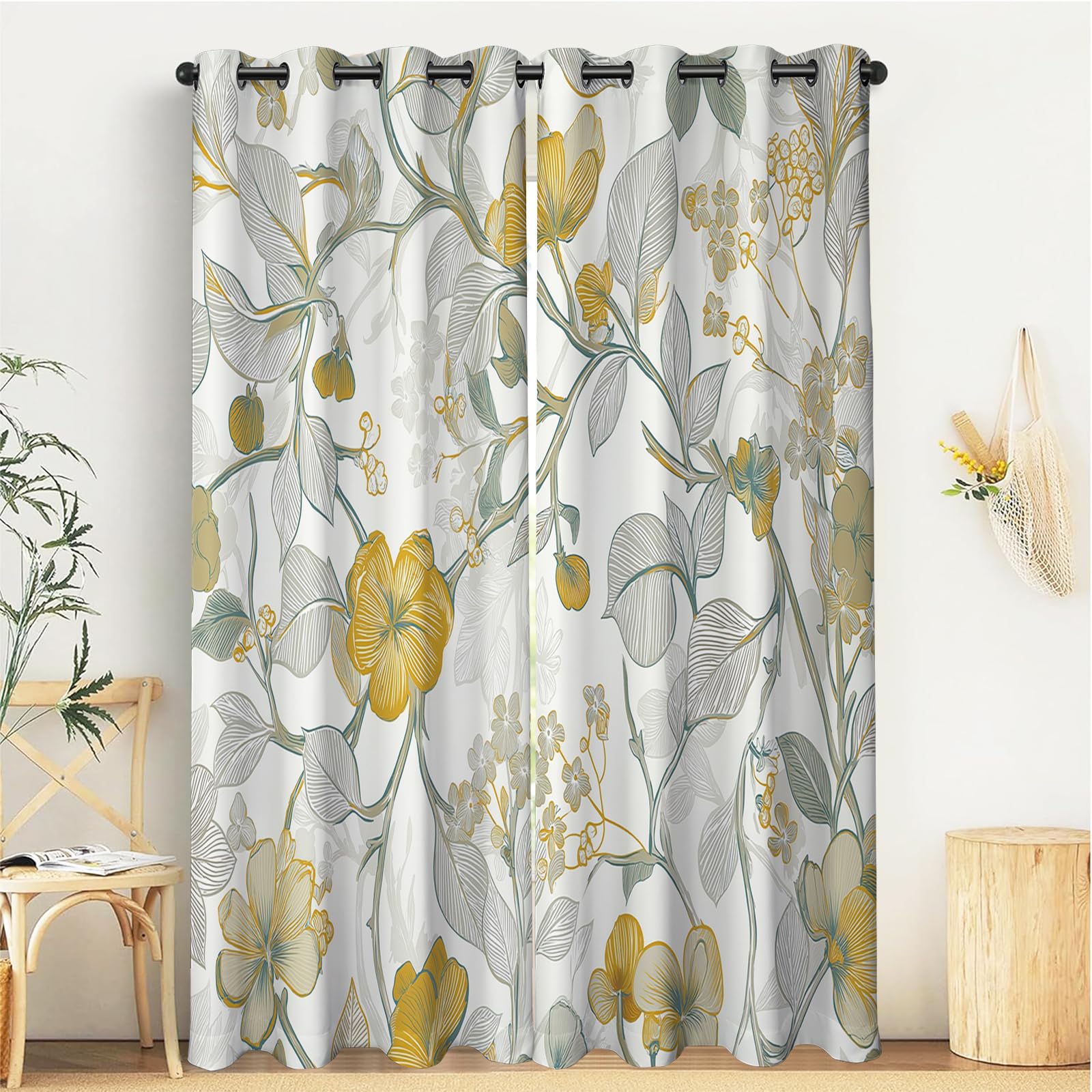 Rideau occultant jaune moutarde à fleurs 140x220 cm pour salon et chambre