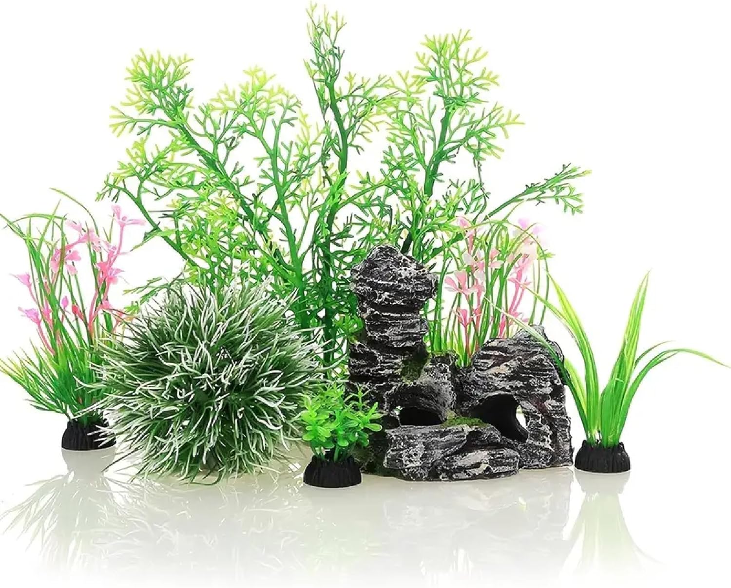 SEDLAV 7-Piece Aquarium Decor Set - Small & Large Plastic Plants with Cave Rock - Fish Tank Decorations & Betta Fish Accessories - Anchored Base, Ideal Home & Kitchen Decor - Wonderful Presents Choice