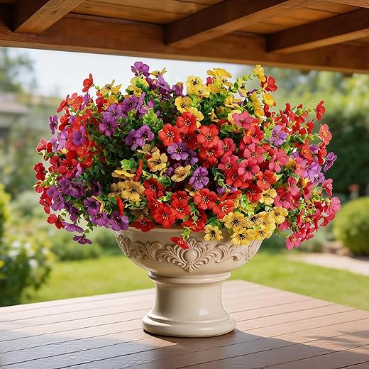 Artificial Flowers for Outdoor, UV Resistant Faux Silk Flowers, 12 Pcs Total with 4 Vibrant Colors, Waterproof Lifelike Blooms for Garden, Porch, Patio, Balcony and Planter Box Decoration
