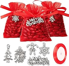 50 x Red Organza Christmas Bags + 50 x Hanging Charms + 1 x Ribbon, Gift Bags Christmas Favors Guests Children Sweets Candy Gifts Party Favors (Red)