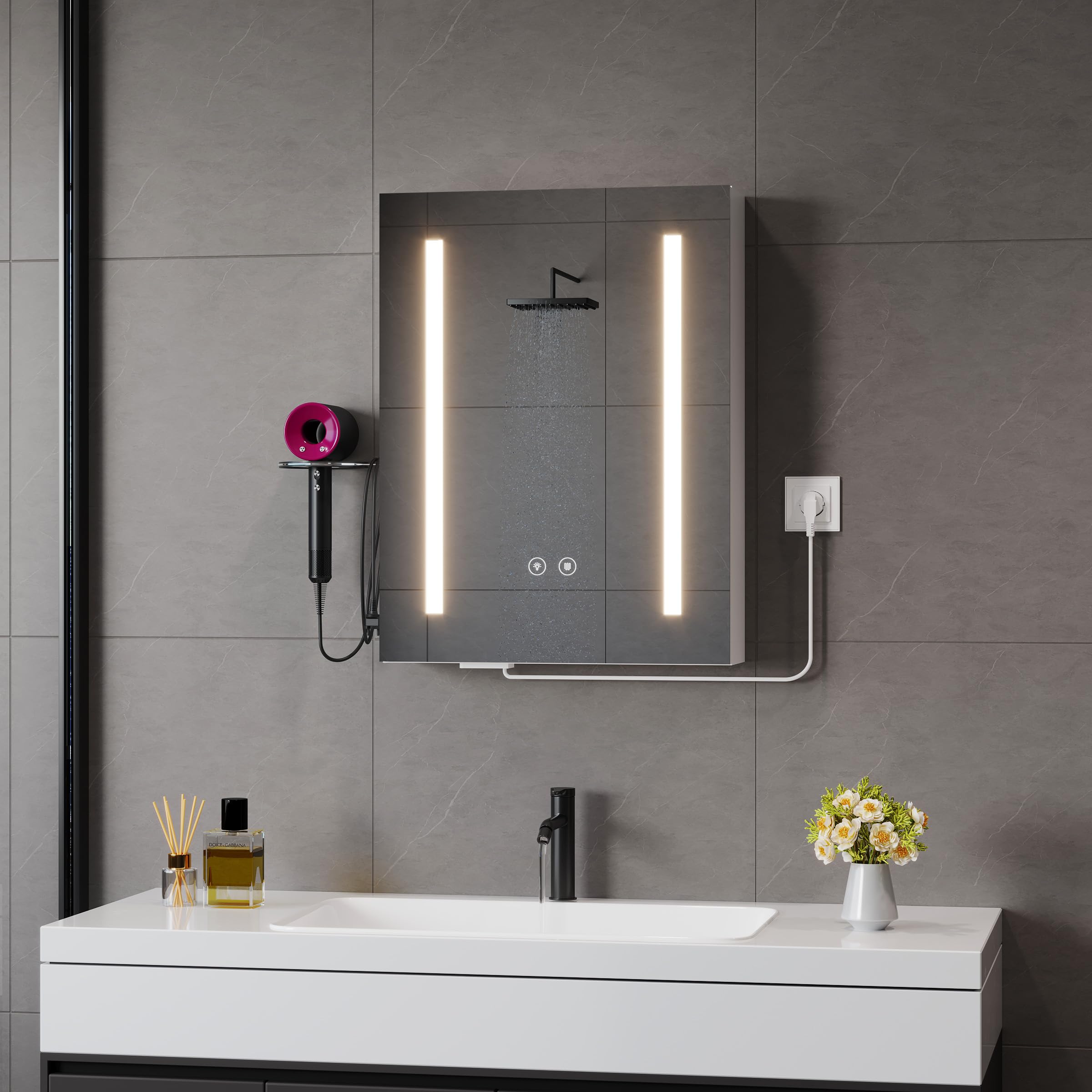 Armario Baño con Espejo LED iluminación y Función de Desempañado Armario de Pared Colgante con Enchufe Soporte para secador de Pelo y 2 Estanteria Ajustables 45 * 15 * 60 cm Blanco
