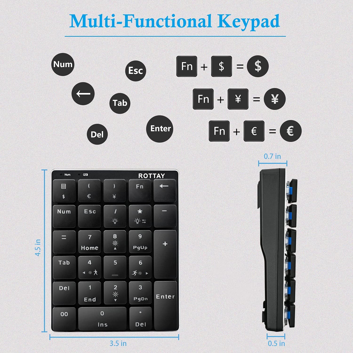 Buy Rottay Number Pad, 2.4GHz Wireless Mechanical Numpad Rechargeable