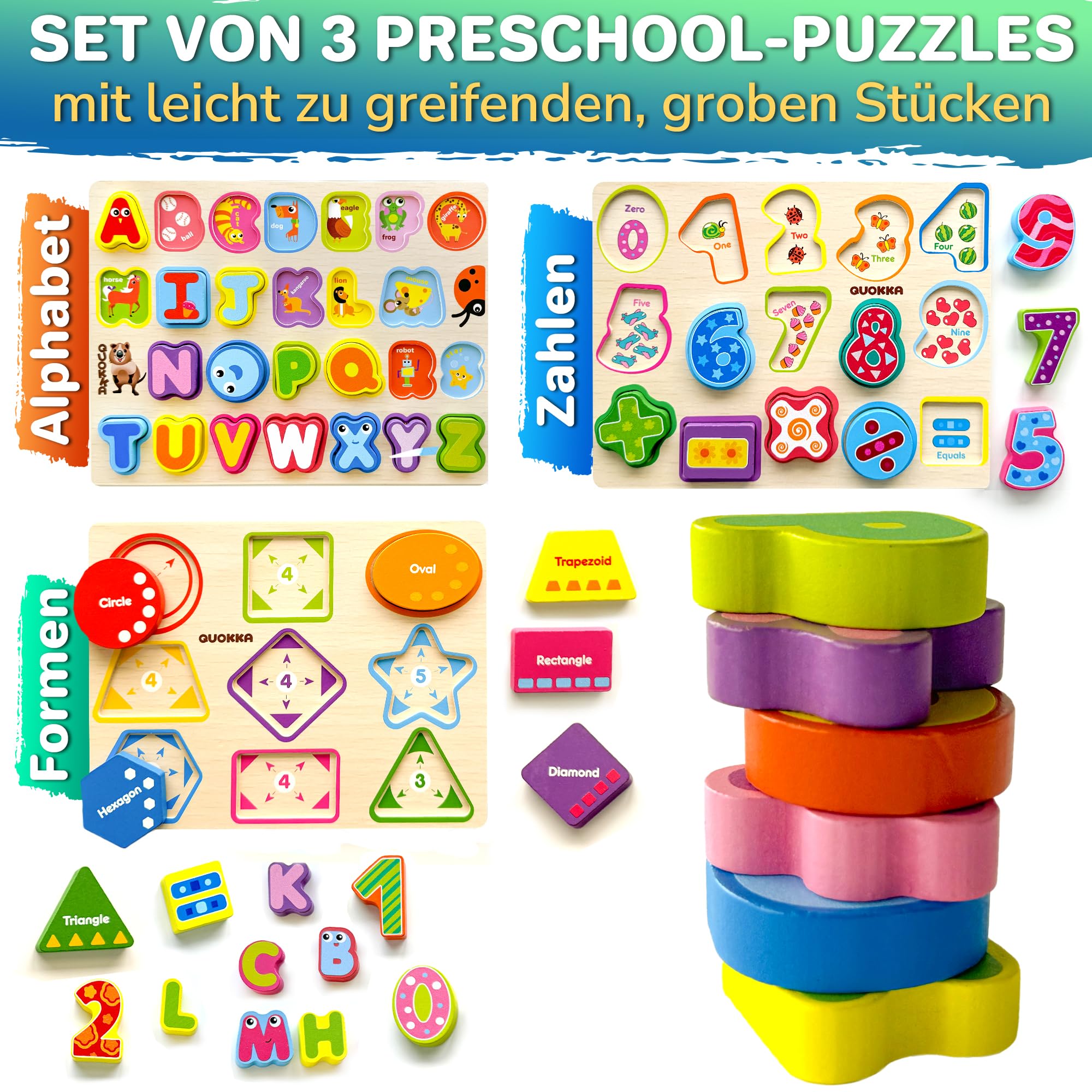 QUOKKA Spielzeug für 1-3-Jährige – Dicke Montessori-Holzpuzzlespiele für Kinder ab 4 Jahren – Geschenkidee für Mädchen und Jungen – Lernspiele – Tiere und Formen