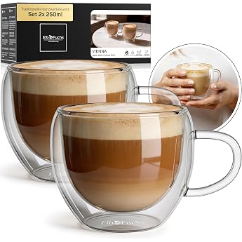 ElbFuchs Cappuccino Cups Glass Double-Walled with Handle 2 x 250 ml Thermal Glasses for Cappuccino &amp; Coffee - Insulating Coff