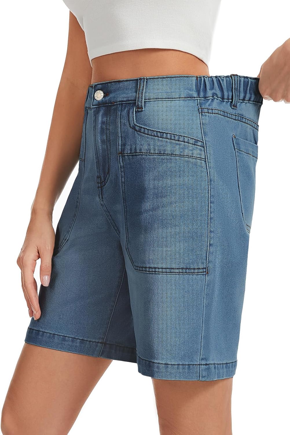Metietila Womens Bermuda Shorts High Waisted Wide Leg Baggy Stretch Denim Jean Shorts for Relaxed Fit