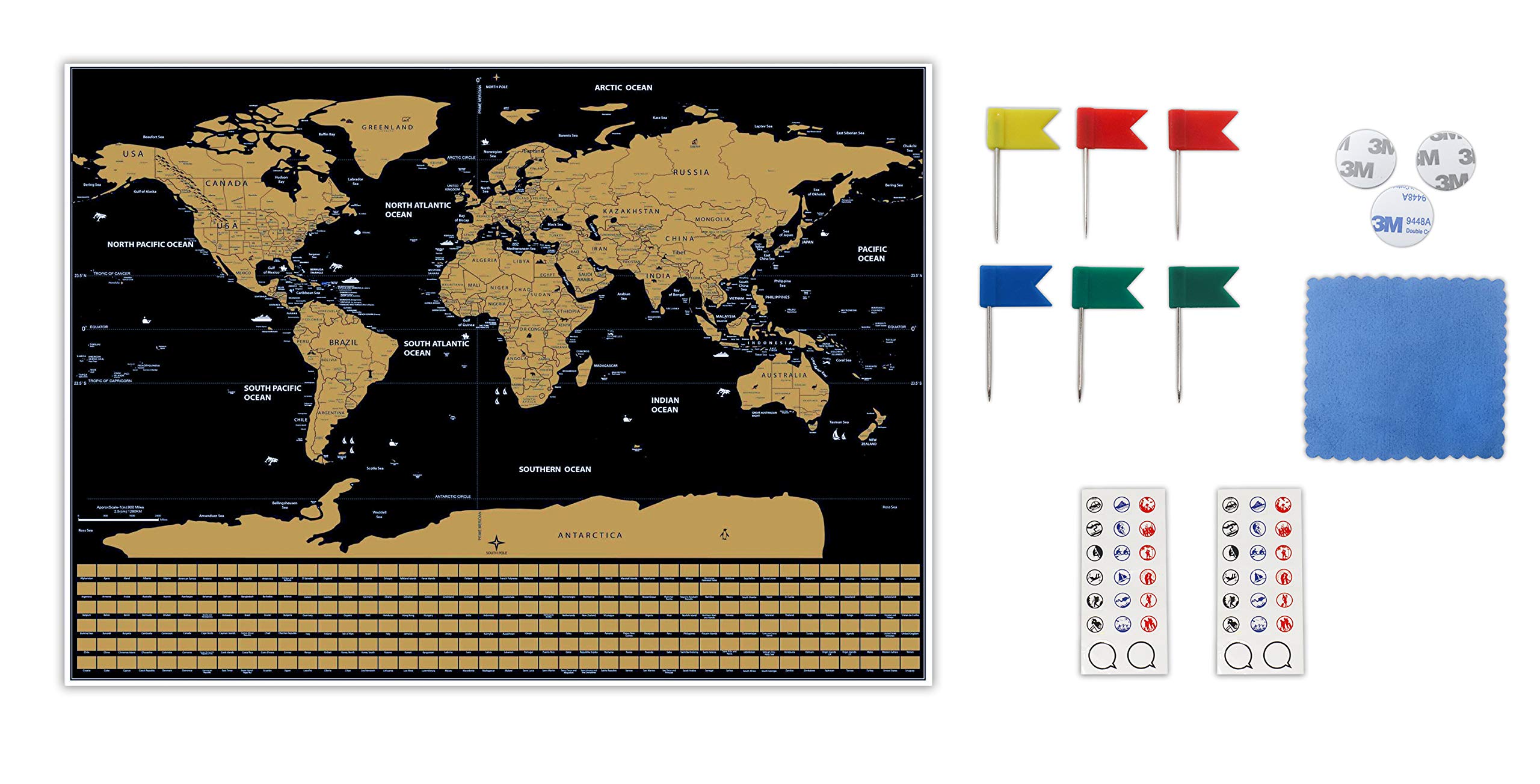 JeZan Scratch Off Map of The World 32 X 23 This Black and Gold World map displays 210 Flags Outlined Canadian and US States a Highly Detailed Cartography World Map