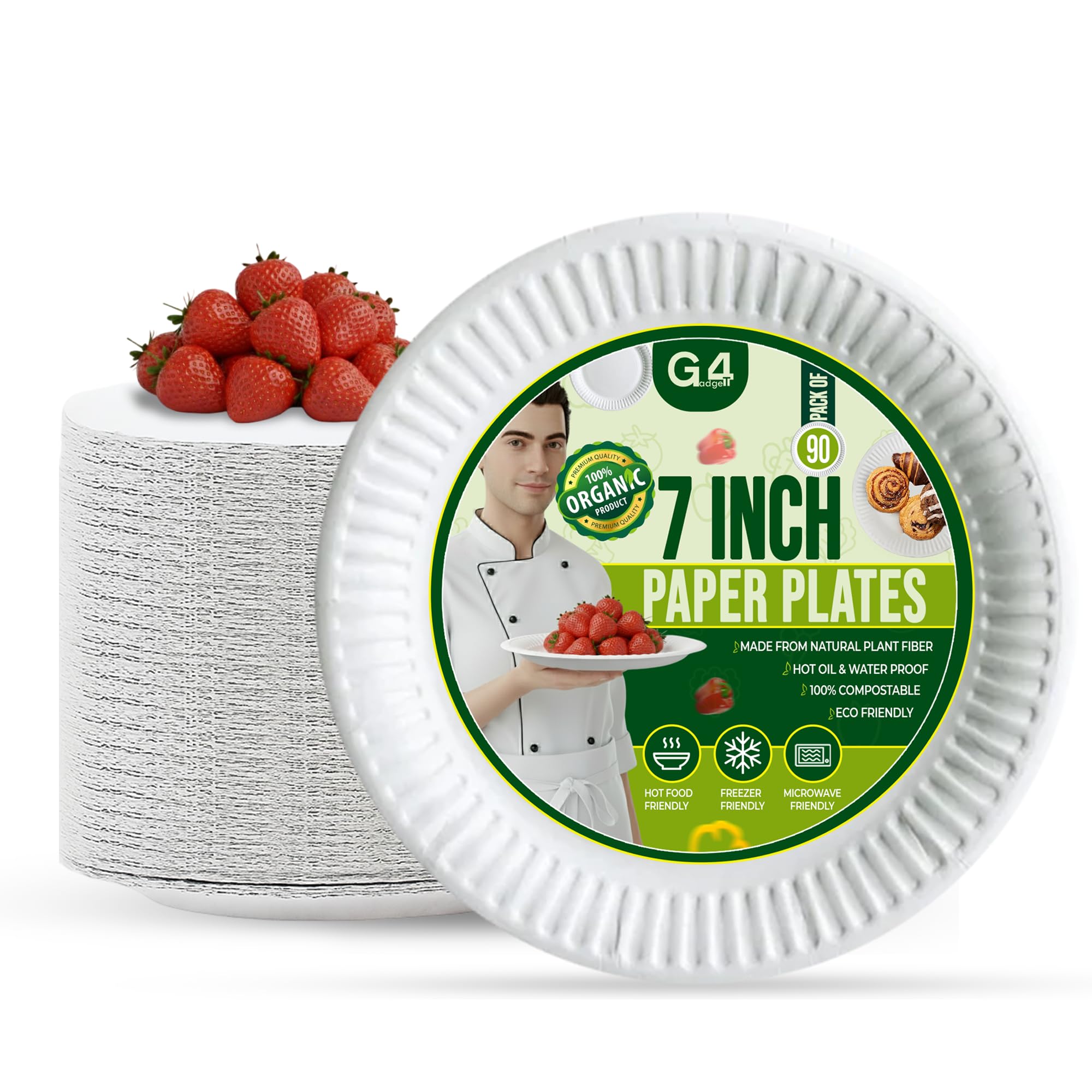 G4GADGET 90 Pack 7 Inch Paper Plates – Small Disposable White Plates for Snacks, Desserts & Parties – Sturdy, Eco-Friendly, Recyclable, Biodegradable – Microwave & Freezer Safe