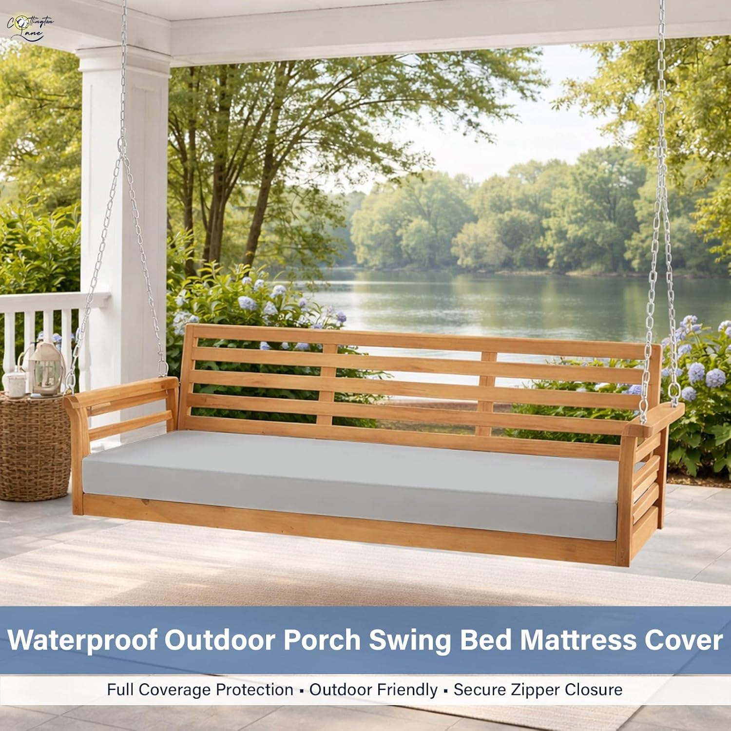 Cottington Lane 5 Piece Twin Size Porch Swing Bed Mattress Cushion Cover Set, Waterproof Indoor/Outdoor Daybed Fitted Sheet 39" x 75" with 6" Deep Fit & Pillow Bolster Cushion Cover Only, Light Grey