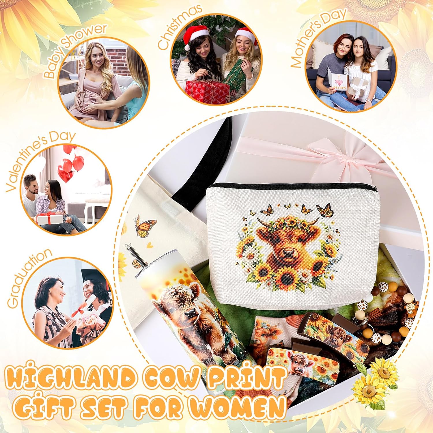 8 Pcs Highland Cow Gifts for Women Sunflower Highland Cow Lover Stuff with Tumbler Blanket Canvas Tote Bag Makeup Bag Socks Keychain Hair Claw Gift for Women Mom Sister Coworker Friend - Image 5